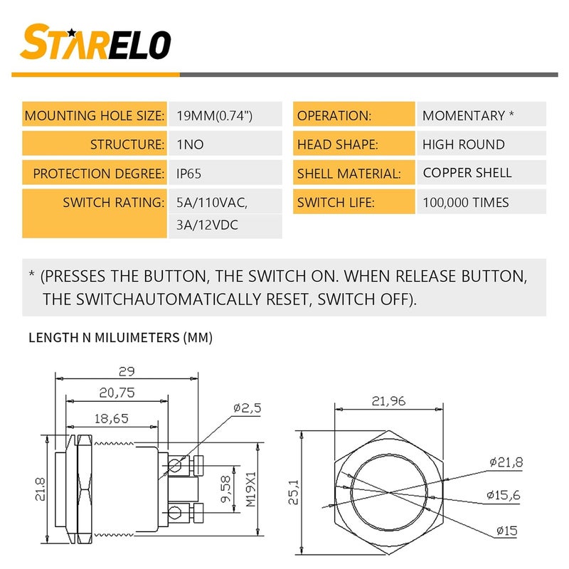 STARELO 5pcs 19mm Momentary Push Button Switch Sliver Shell, IP65 Waterproof Push Button Switch,Copper Shell 1 Normally Open Without LED. - Image 3